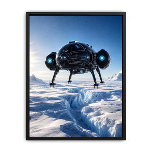 Futuristic spacecraft canvas wall art hovering above icy terrain with minimalist sci fi atmosphere
