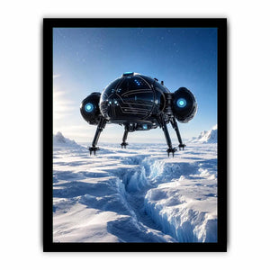Futuristic spacecraft canvas wall art hovering above icy terrain with minimalist sci fi atmosphere