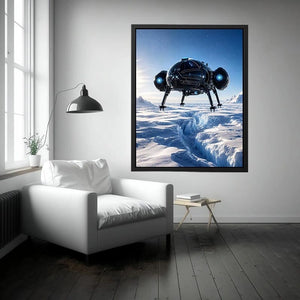 Futuristic spacecraft canvas wall art hovering above icy terrain with minimalist sci fi atmosphere