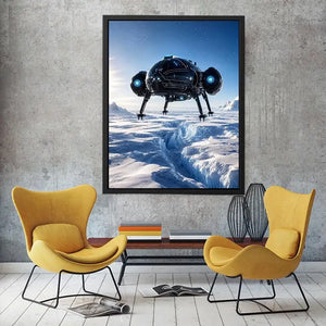 Futuristic spacecraft canvas wall art hovering above icy terrain with minimalist sci fi atmosphere