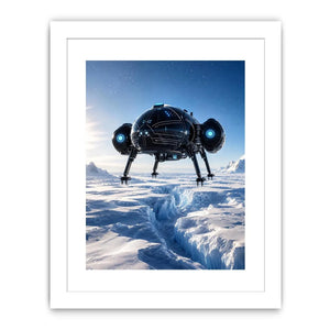 Futuristic spacecraft canvas wall art hovering above icy terrain with minimalist sci fi atmosphere