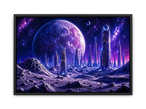 Futuristic lunar cityscape canvas wall art with towering sci fi skyline beneath a glowing cosmic moon