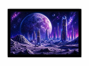 Futuristic lunar cityscape canvas wall art with towering sci fi skyline beneath a glowing cosmic moon