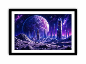 Futuristic lunar cityscape canvas wall art with towering sci fi skyline beneath a glowing cosmic moon