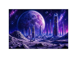 Futuristic lunar cityscape canvas wall art with towering sci fi skyline beneath a glowing cosmic moon