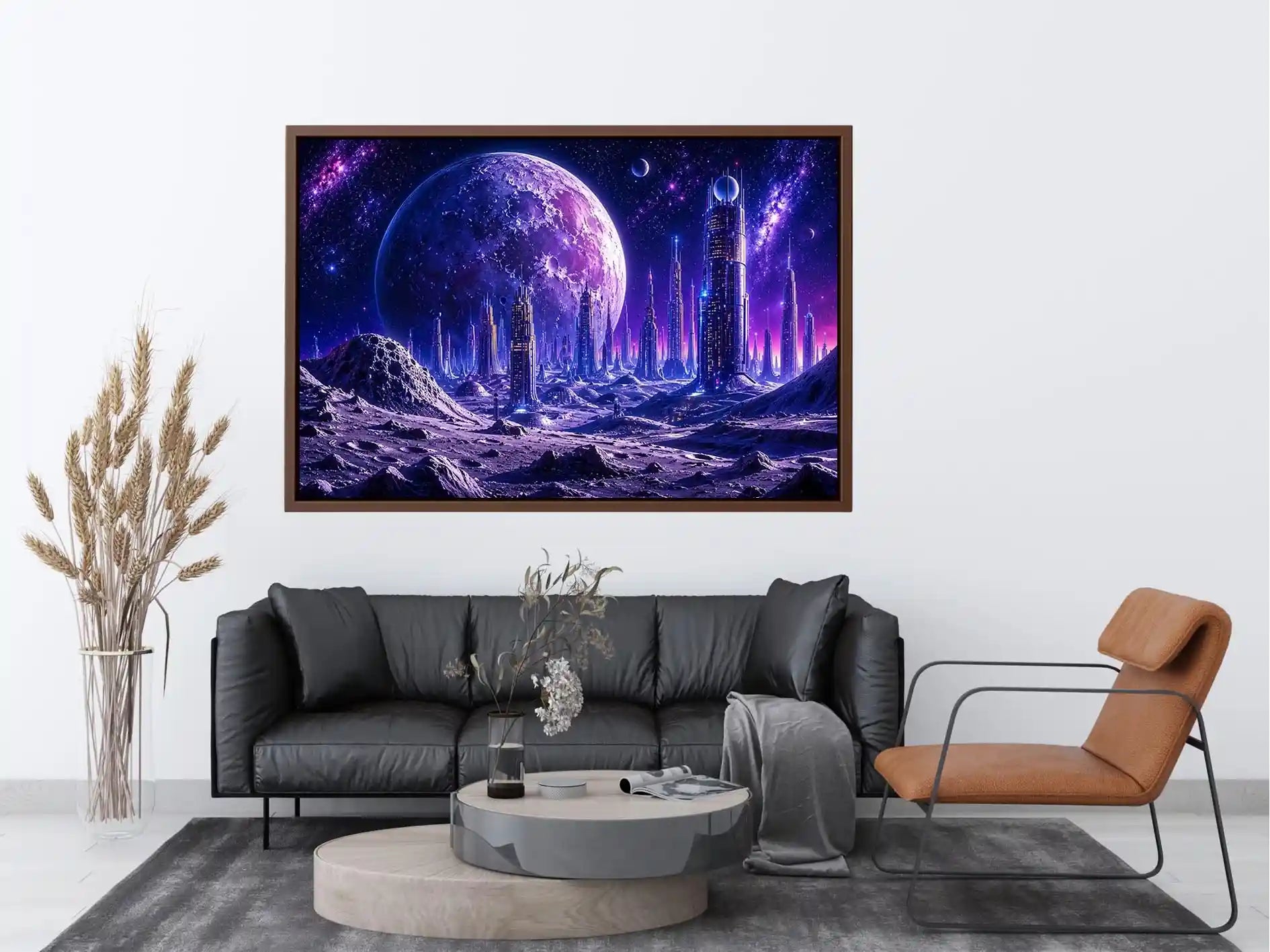 Futuristic lunar cityscape canvas wall art with towering sci fi skyline beneath a glowing cosmic moon