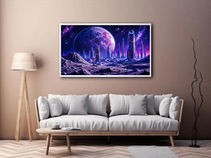 Futuristic lunar cityscape canvas wall art with towering sci fi skyline beneath a glowing cosmic moon