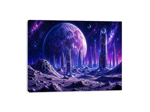 Futuristic lunar cityscape canvas wall art with towering sci fi skyline beneath a glowing cosmic moon