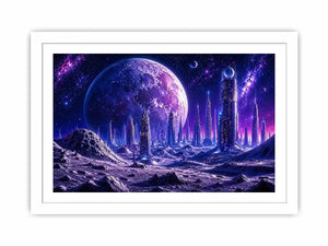 Futuristic lunar cityscape canvas wall art with towering sci fi skyline beneath a glowing cosmic moon
