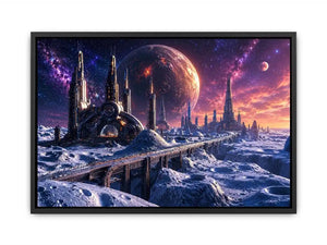 Futuristic lunar city wall art with cosmic planets and dreamy sci fi skyline canvas print