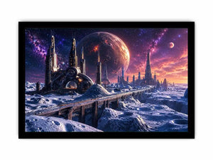 Futuristic lunar city wall art with cosmic planets and dreamy sci fi skyline canvas print