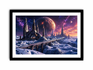 Futuristic lunar city wall art with cosmic planets and dreamy sci fi skyline canvas print