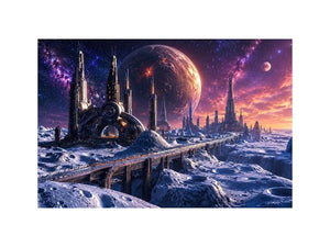 Futuristic lunar city wall art with cosmic planets and dreamy sci fi skyline canvas print