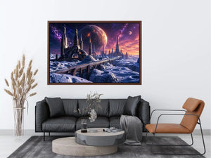 Futuristic lunar city wall art with cosmic planets and dreamy sci fi skyline canvas print