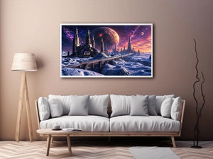 Futuristic lunar city wall art with cosmic planets and dreamy sci fi skyline canvas print