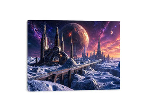Futuristic lunar city wall art with cosmic planets and dreamy sci fi skyline canvas print