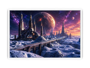 Futuristic lunar city wall art with cosmic planets and dreamy sci fi skyline canvas print