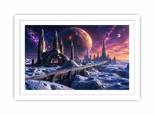 Futuristic lunar city wall art with cosmic planets and dreamy sci fi skyline canvas print