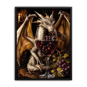 Fantasy dragon wine wall art with gothic medieval dragon and red wine glass canvas print