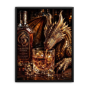 Fantasy dragon whiskey wall art with cinematic dragon drinking bourbon beside luxury bar bottle canvas print