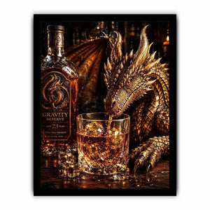 Fantasy dragon whiskey wall art with cinematic dragon drinking bourbon beside luxury bar bottle canvas print