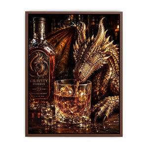 Fantasy dragon whiskey wall art with cinematic dragon drinking bourbon beside luxury bar bottle canvas print