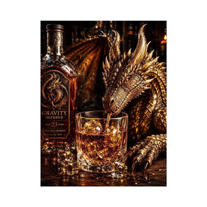 Fantasy dragon whiskey wall art with cinematic dragon drinking bourbon beside luxury bar bottle canvas print