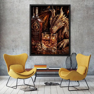 Fantasy dragon whiskey wall art with cinematic dragon drinking bourbon beside luxury bar bottle canvas print