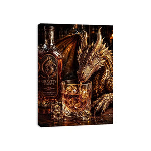 Fantasy dragon whiskey wall art with cinematic dragon drinking bourbon beside luxury bar bottle canvas print