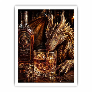 Fantasy dragon whiskey wall art with cinematic dragon drinking bourbon beside luxury bar bottle canvas print