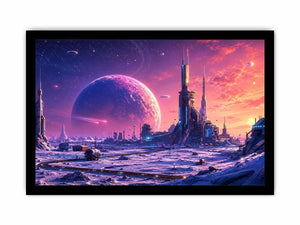 Futuristic planet city wall art with pastel sci fi skyline and cosmic dreamscape canvas print