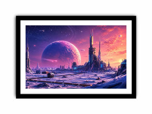 Futuristic planet city wall art with pastel sci fi skyline and cosmic dreamscape canvas print