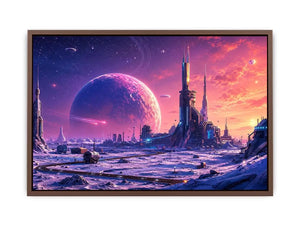 Futuristic planet city wall art with pastel sci fi skyline and cosmic dreamscape canvas print