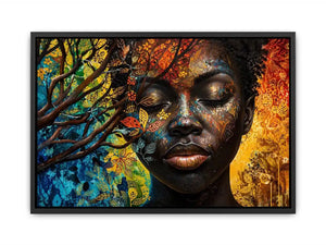 Abstract African woman wall art with colorful botanical patterns and modern expressive portrait canvas print