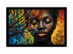 Abstract African woman wall art with colorful botanical patterns and modern expressive portrait canvas print