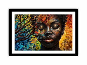 Abstract African woman wall art with colorful botanical patterns and modern expressive portrait canvas print