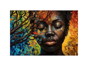 Abstract African woman wall art with colorful botanical patterns and modern expressive portrait canvas print
