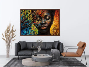 Abstract African woman wall art with colorful botanical patterns and modern expressive portrait canvas print