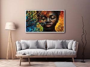 Abstract African woman wall art with colorful botanical patterns and modern expressive portrait canvas print