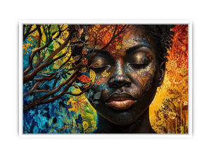 Abstract African woman wall art with colorful botanical patterns and modern expressive portrait canvas print
