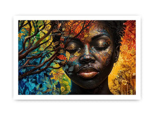 Abstract African woman wall art with colorful botanical patterns and modern expressive portrait canvas print
