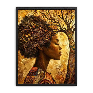African woman tree wall art with botanical branches and earthy boho portrait canvas print