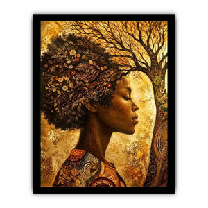 African woman tree wall art with botanical branches and earthy boho portrait canvas print