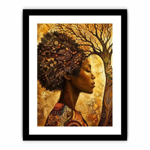 African woman tree wall art with botanical branches and earthy boho portrait canvas print