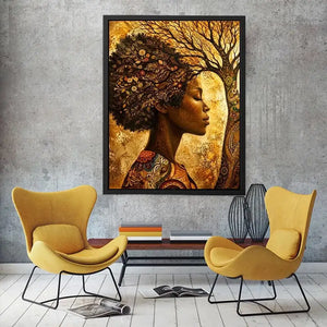 African woman tree wall art with botanical branches and earthy boho portrait canvas print