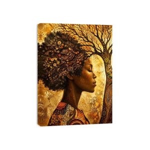 African woman tree wall art with botanical branches and earthy boho portrait canvas print