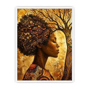 African woman tree wall art with botanical branches and earthy boho portrait canvas print