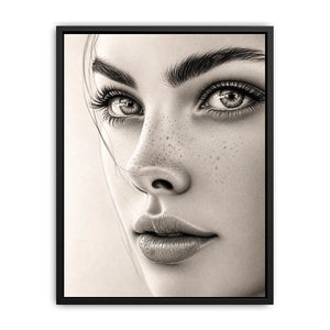 Minimalist pencil portrait wall art with elegant feminine face sketch and monochrome modern canvas print