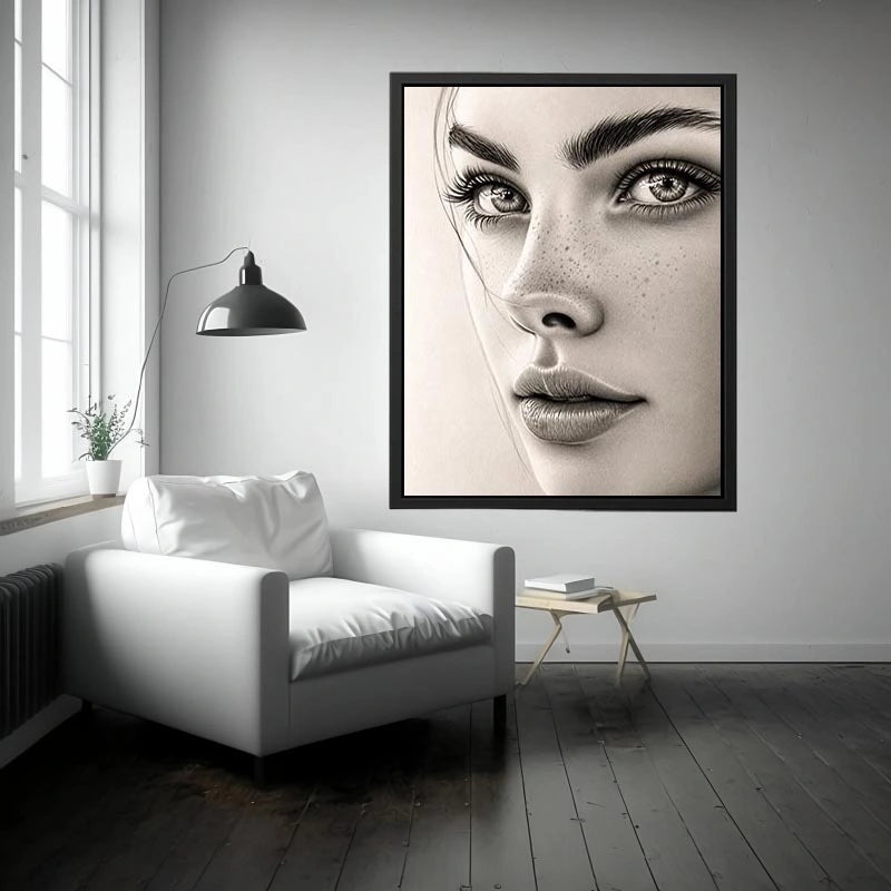Minimalist pencil portrait wall art with elegant feminine face sketch and monochrome modern canvas print