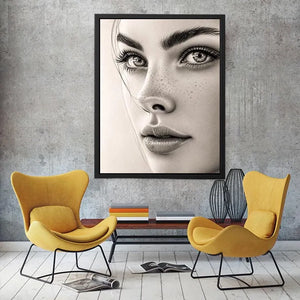 Minimalist pencil portrait wall art with elegant feminine face sketch and monochrome modern canvas print